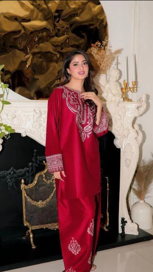 Red Embroidered Kurta Pajama Set for Women (Unstiched)
