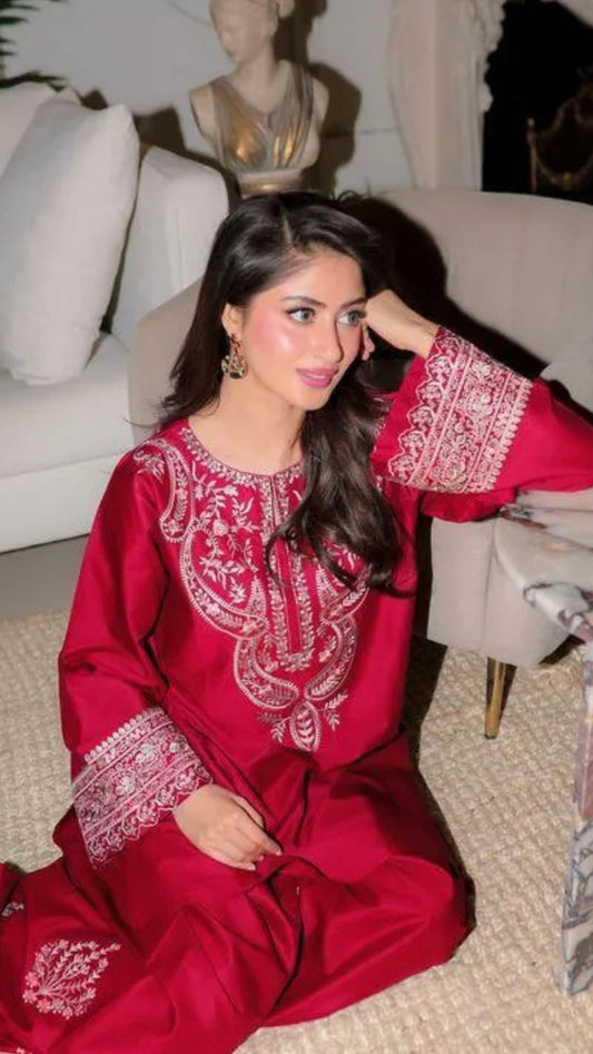 Red Embroidered Kurta Pajama Set for Women (Unstiched)