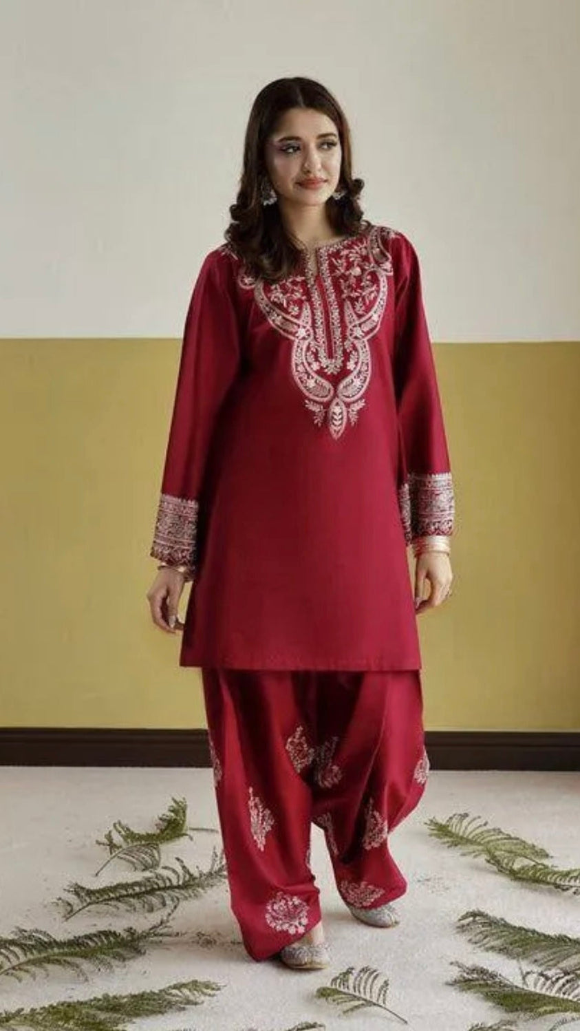 Red Embroidered Kurta Pajama Set for Women (Unstiched)