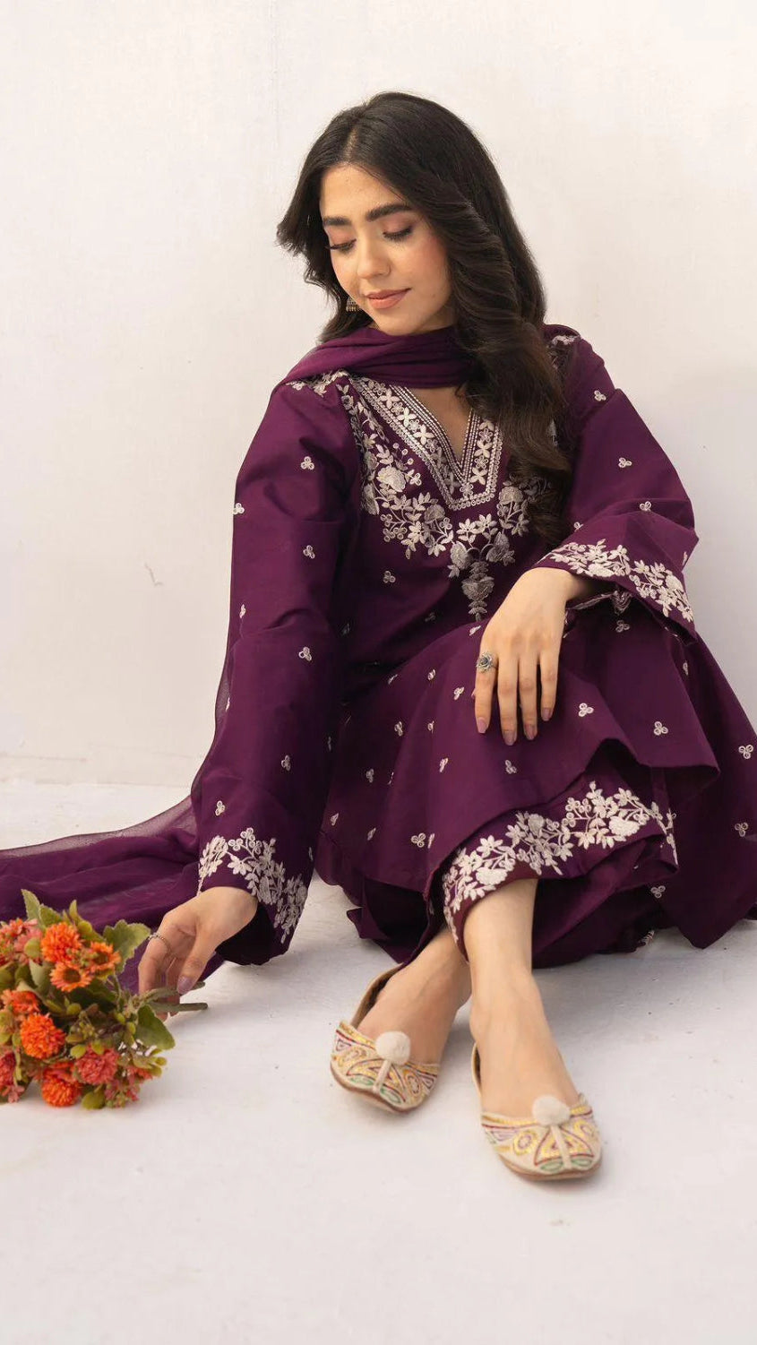 Purple Embroidered 3-Piece Lawn Suit for Women (Unstitched)