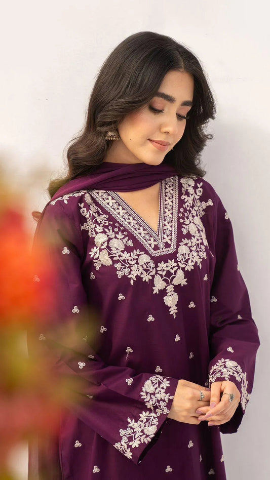 Purple Embroidered 3-Piece Lawn Suit for Women (Unstitched)