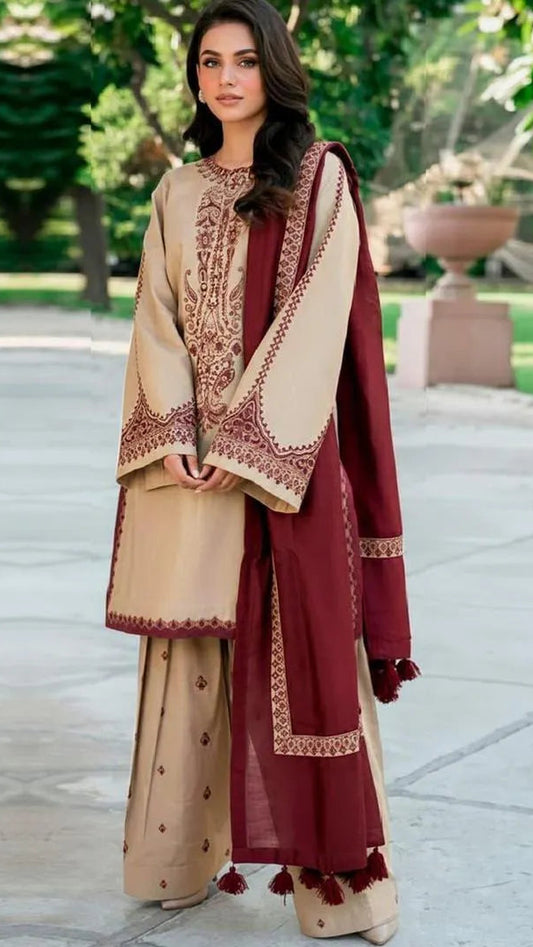 Eid Shaadi Suit Brown Lawn Embroidered 3-Piece Set (Unstitched)
