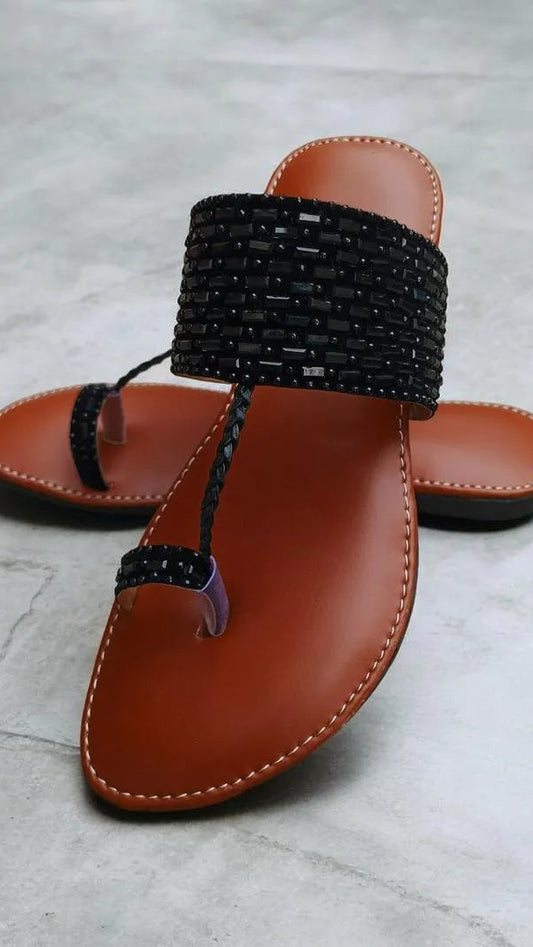 Women's Black Beaded Sandals Flat Casual